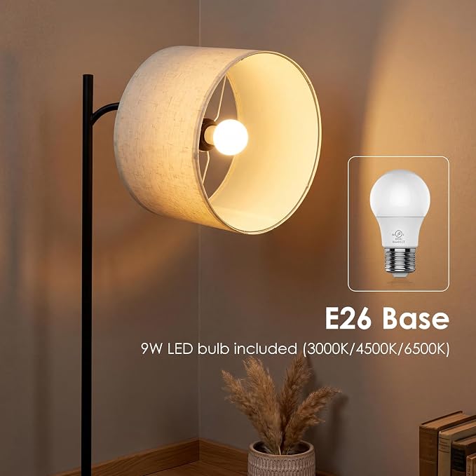ONEWISH Floor Lamp with Table, USB/Type-C/AC Charging Ports, 9W LED Bulb, Round Table & Nightstand for Bedroom & Living Room (White)