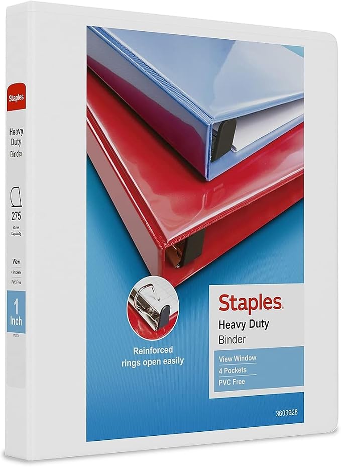 Staples Heavy-Duty 1-Inch D-Ring View Binder, Reinforced Spine, Holds Up to 275 Sheets, White, for Office & School