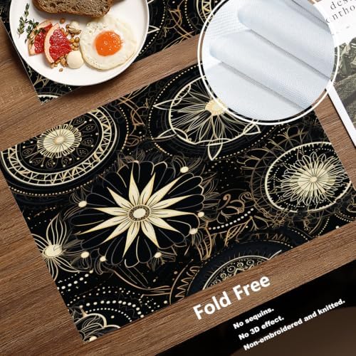 Batmerry Circular Patterns Floral Designs Placemats, Black and Gold Decorative Patterns Washable Linen Table Mats for Kitchen Table Double Insulation Decor Dining Set Indoor Outdoor 12X18 in Set of 8