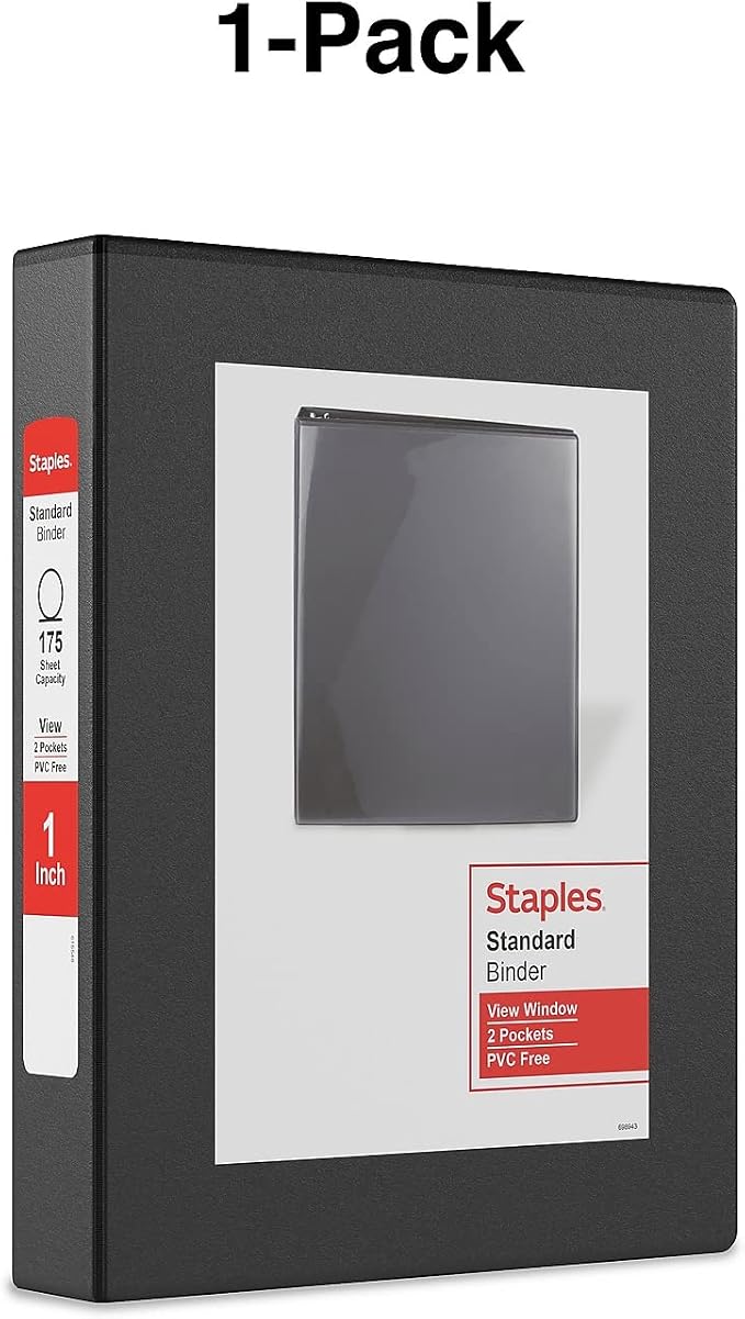 Staples Mini View Binder, 1" Round Ring, Black, 5.5" x 8.5" Compact 3‑Ring Binder for Notes, Planners & Small Documents