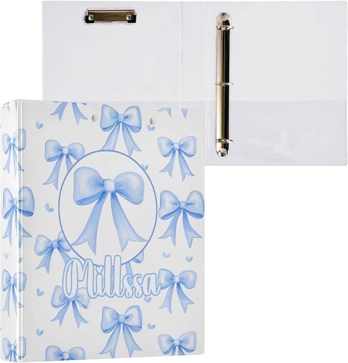 Blue Bows 3 Ring Binder with Clipboard Round Ring Binders White Name Custom Binder 3 Interior Clear Pockets for Office Supplies 1 Pack