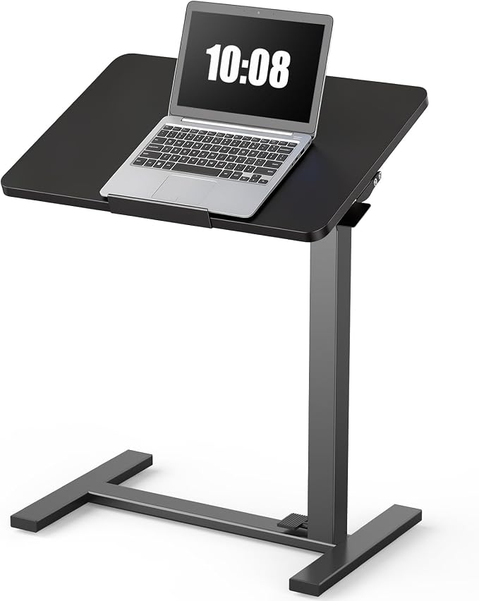 DUMOS Overbed Table with Wheels, Height-Adjustable Bedside Table, Black | Rolling standing desk with Pneumatic Lift, Portable mobile desk for Bed, Couch, Office, Sofa
