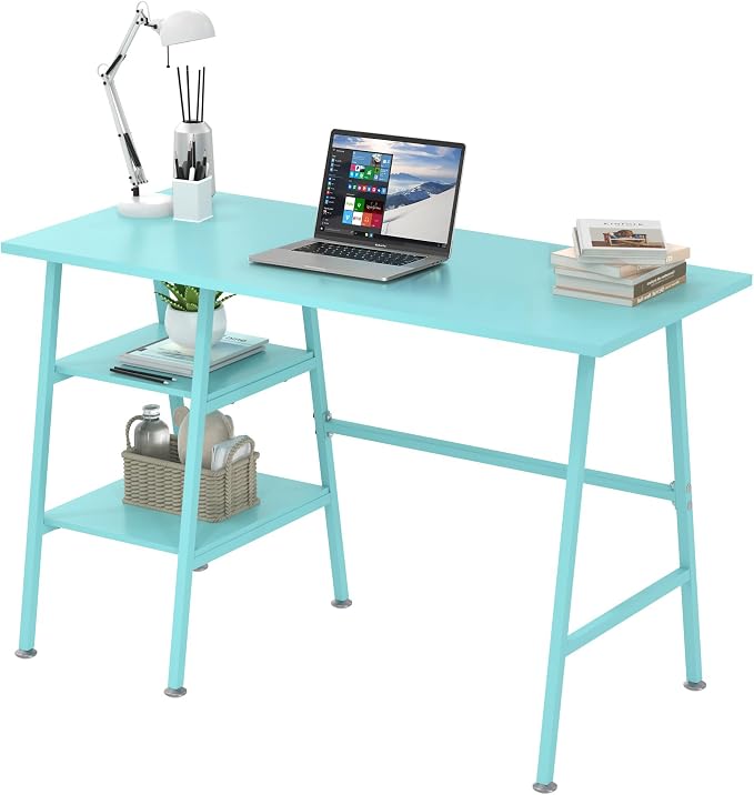 VECELO 43.1 Inch Computer Desk Home Office Blue Study Desk Work Office Table with Shelves Wooden Desk for Bedroom