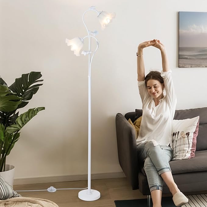 HMVPL White Flower Standing Lamp, Floral Tall Lamp with 2 LED 5W Blubs, Foot Switch, Modern Corner Floor Lamp with Acrylic Shade, Antique Lotus Flower Floor Lamp for Living Room Office Reading