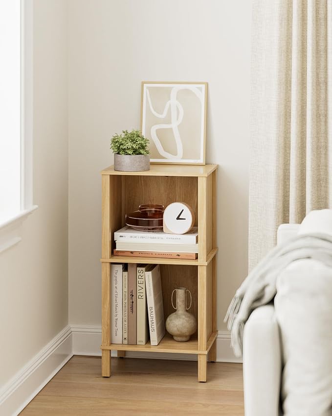 Bookshelf, Modern 2-Tier Bookcase, Open Storage Book Shelf, 11 × 14.2 × 27.4 Inches, Small Narrow Bookshelves for Living Room, Home Office, Bedroom, Natural