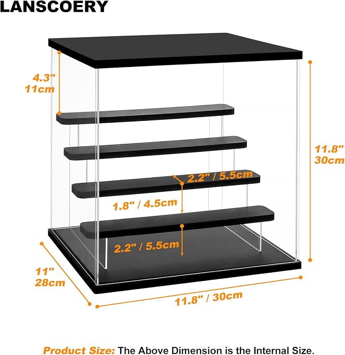 LANSCOERY Acrylic Display Case with RGBW Lights, 5 Tier Black | 11.8 x 11 x 11.8 in case displays small figures on desks or shelves with tiered rows and front access.
