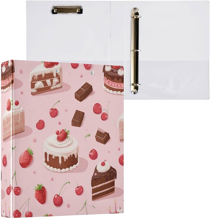 Caikeny 3 Ring Binder Cake Strawberry Dessert Chocolate 1.5 Inch Binders Round Ring Clipboard with 2 Pockets for Office Supplies