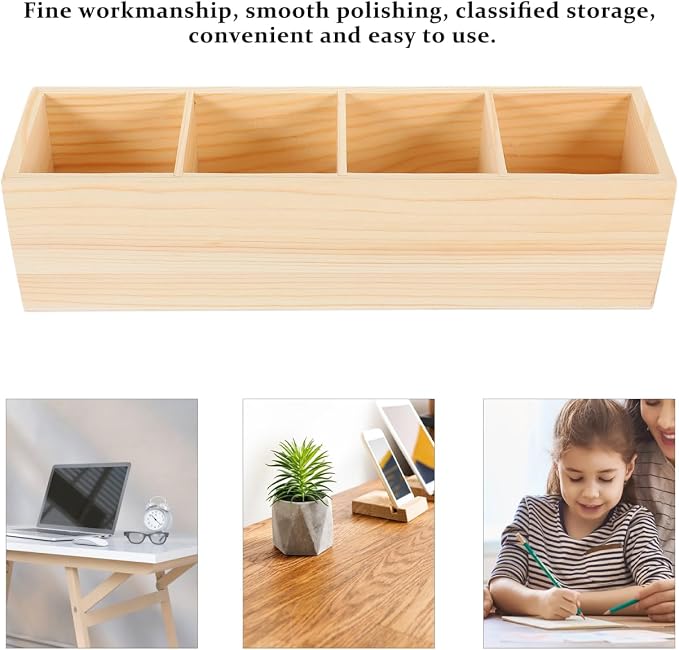 EXCEART Pine Wood Pen Holder 3 Compartment Desktop Organizer Storage | 12.18 inch wooden organizer for pens, makeup brushes, office supplies, and small items with stylish desk home organization