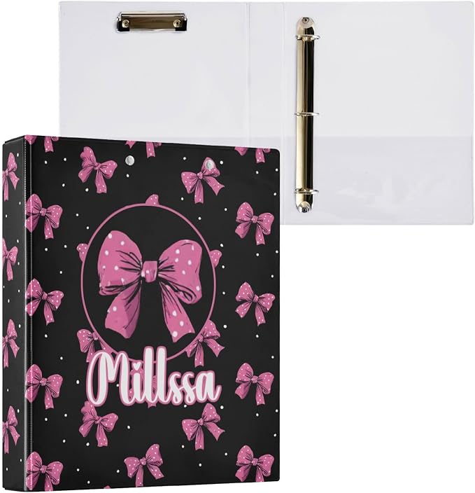 Bows 3 Ring Binder with Clipboard Round Ring Binders Pink Polka Dot Personalized Binder 3 Interior Clear Pockets for Office Supplies 2 Pack