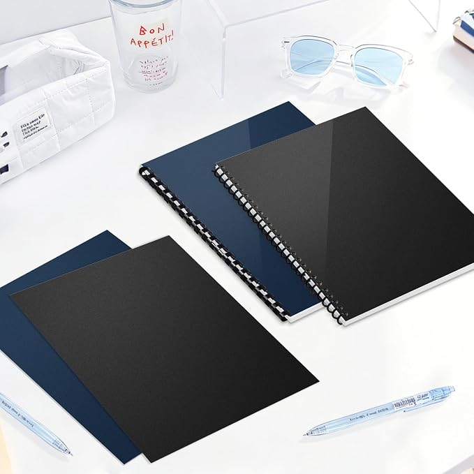 HOUYEE 100 Pack 12Mil Binding Covers Set, 8.5x11 Letter Size,Sand Textured | Including 50 Pcs Black Plastic Binding Covers, 50 Pcs Navy Blue Back Binding Polycovers, Square Corners,Un-Punched for Office