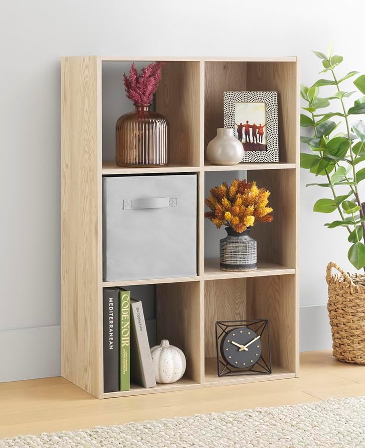 Whitmor 6 Cube Bookcase Storage Organizer, 3 Tier Stackable MDF Bookshelf, Open Storage Display Shelf, Storage Cabinet for Living Room, Bedroom, Home, Office, 23.9" L x 11.7" W x 35.5" H, Sonoma Oak