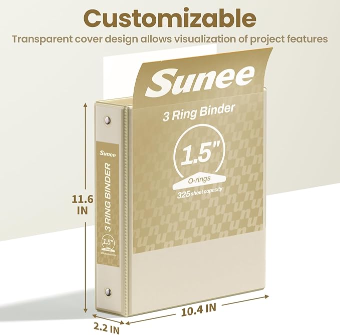 SUNEE 3 Ring Binder 1.5 Inch 4 Pack, Clear 1 1/2 Inch View Binder Three Ring PVC-Free (Fit 8.5x11 Inches) for School or Office Supplies, Neutral Aesthetic