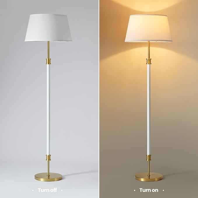 Modern Mid Century Floor Lamp with Soft Linen Shade, 63” Tall White & Brass Standing Lamp, Weighted Base, Warm Ambient Light for Living Room, Bedroom & Reading Corners (White & Gold)