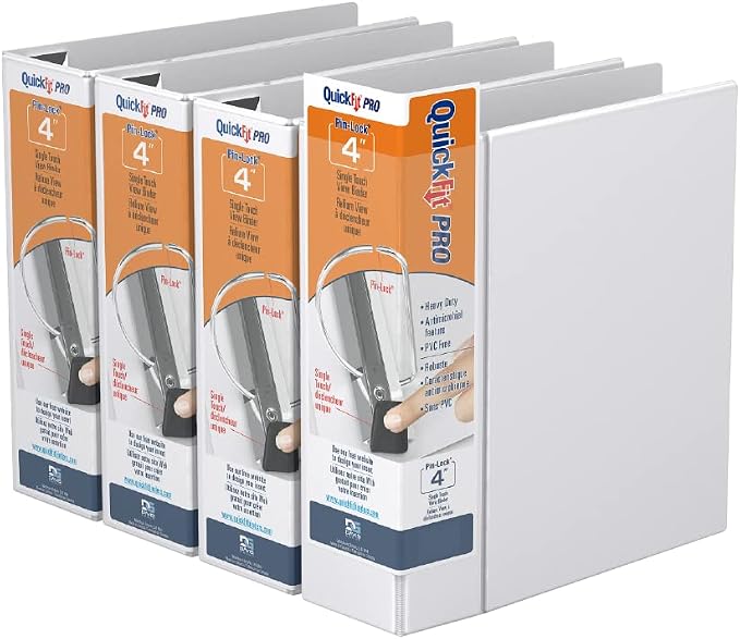 QuickFit PRO Heavy Duty Single Touch View Binder, D Ring, White, 4 Pack, 4 Inch