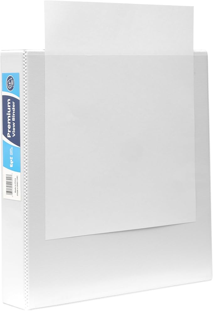 12 Pack White 3-Ring Binders, 1.5", Slant D-Ring, Durable, EPI Premium, Heavy Duty, Holds 375 Sheets, Clear View Presentation, Non-Stick, 2 Inside Pockets, Organizer for School, Home Office