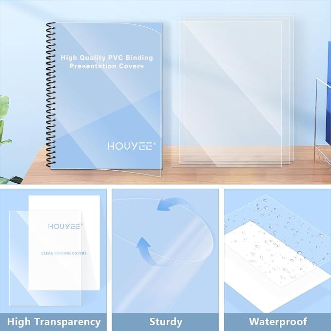 HOUYEE 200 Pack 7 Mil Clear Binding Presentation Covers,PVC,8.5" x 11" | Clear Covers for Binding, Transparent Plastic Binding Covers, Square Corner, Letter Size, for School Office