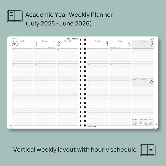 POPRUN Planner 2025-2026 (Large - 8.5'' x 10.5'') Academic Weekly Calendar (July 2025 - June 2026) with Hourly Time Slots, Monthly Tabs, 100GSM Thick Papers, Spiral Leather Cover - Black