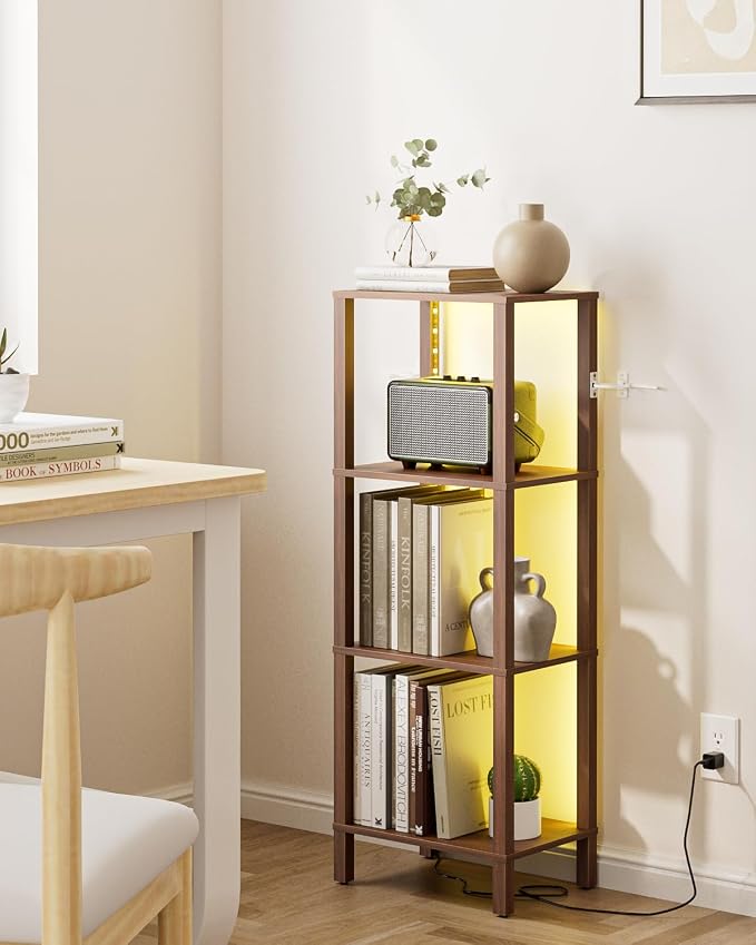Open Book Shelf with LED Lights, 4 Tier Small Bookshelf, Freestanding Shelf Narrow Bookcase with Open Shelves, 14.96" x 10.63" x 41.26", Book Shelves for Living Room, Office, Study, Walnut