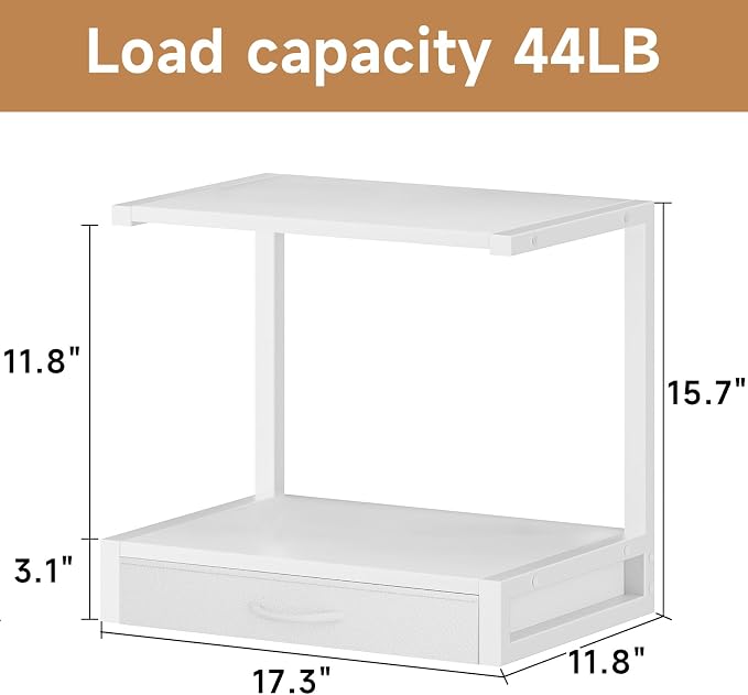 YAOHUOO 2-Tier Desktop Printer Stand with Fabric Drawer,17.3"x11.8" White | Printer Table with Storage Shelf,Desk Organizer for Home Office,Fit Printer,Fax Machine,Scanner,Space Saving for Two Monitors