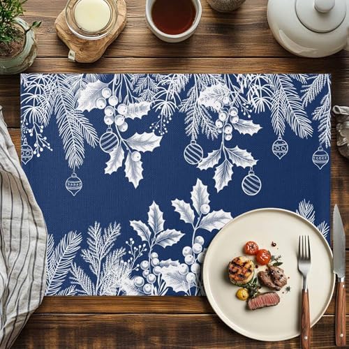 Blue Christmas Placemats Set of 4, Floral Pine Leaf Xmas Balls Heat Resistant Washable Table Place Mats White Winter Holidays Cotton Table Linens Party Holiday Decor for Kitchen Dining Outdoor Indoor