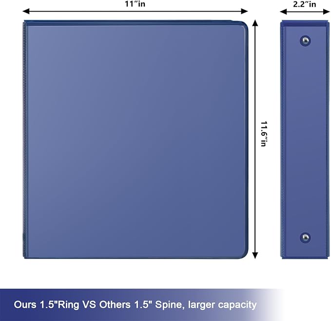COMIX Sturdy 1.5 Inch 3 Ring Binder with Clear View Cover | 1.5"Heavy Duty Round Ring,PVC-Free Board,Holds 300 Letter Sheets,Wholesale for Offices & Classrooms,6 Pack (Dark Blue)