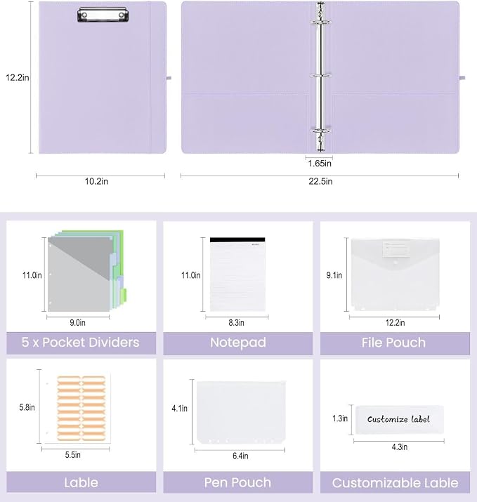 3 Ring Binder with Clipboard,1 Inch Binders with Notepad&5 Dividers with Pockets, Labels,PU Clipboards for School Office(Purple,Letter Size)