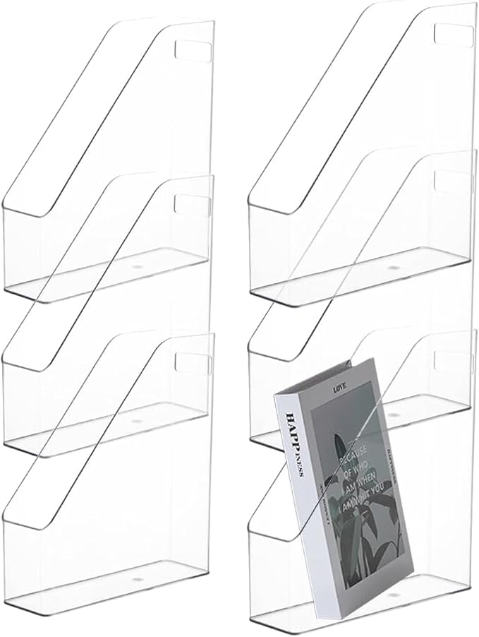 6Pcs Clear Acrylic Magazine File Holder Paper Document Organizer | Vertical File Folder Divider Box, Desktop Supplies Label Pockets Shelves Case,for Office Home School Desktop Stationary