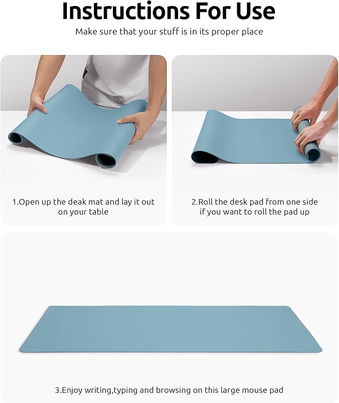 YSAGi Leather Desk Protector, Office Mat, Large Mouse Mat, Non-Slip PU Leather Blotter, Laptop Pad, Waterproof Writing Pad for Office and Home (Ice Blue, 35.4" x 17")