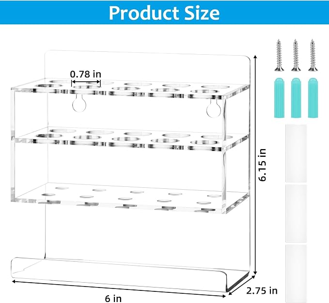 Dry Erase Marker Holder, Wall Mounted Acrylic Marker Holder with 10 Slots, Sticky Pen Storage for Classroom Organization, Office, Whiteboard, Desk Locker Organizer Accessories, Clear