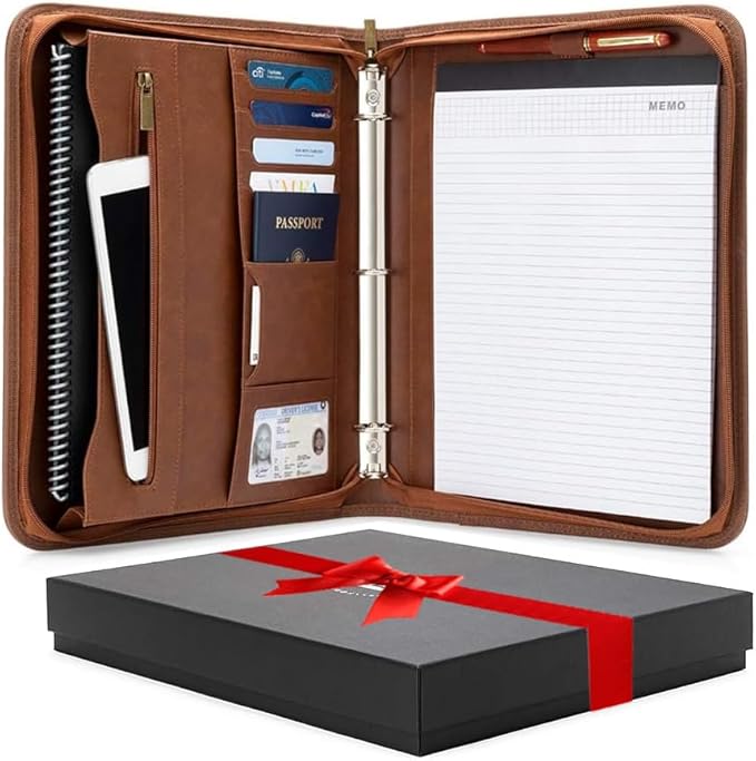 Forevermore Portfolios Portfolio Organizer - 3 Ring Binder with Notepad - 1.5 Inch Rings - Zippered Storage Pockets for Papers, Travel Documents, Presentation Folder, Cards, Passport, Tickets - Brown