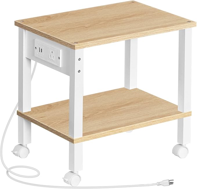 HOOBRO 2-Tier Printer Stand with Charging Station, Under Desk Printer Table, Printer Cart with Storage Shelves, Shelf for Small Spaces, for Home Office, Natural WN38UPS01
