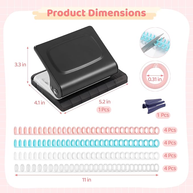 10-Hole Binding Machine Spiral Coil Binder, Spiral Binding Machine with 16 Multi-Color Binder Rings, 30 Holes on A4, 20 Holes on A5, 26 Holes on B5, 10 Sheets Capacity