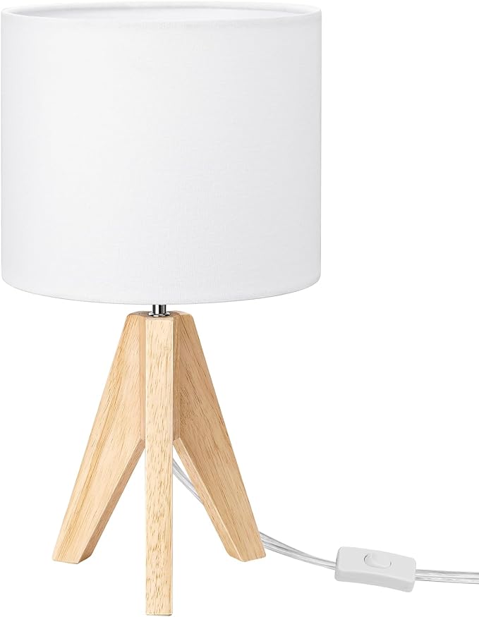 EDISHINE Small Cute Table Lamp, Wood Tripod Nightstand Lamp, 14.2 Inch | ON/Off Switch, E26 Socket, Linen Fabric Shade, Mid Century Bedside Lamp for Nursery, Living Room, Bedroom, End Table