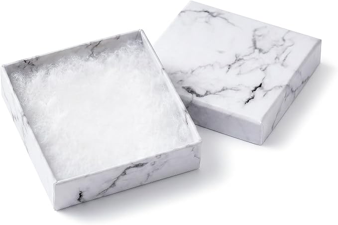 TheDisplayGuys 100 Cardboard Jewelry Gift Boxes with Inserts - Marble White | Size #33 - 3.5" x 3.5" x 1.0", Lids, Cotton Filled Padding, Kraft Paper, Bulk Pack Case, for Shipping, Organizers, Storage