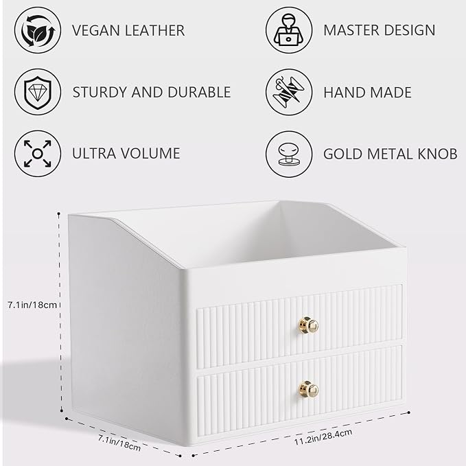 LADSTAG Desk Organizer,Beige White Vegan Leather Desk Accessories & Workspace Organizers with 2 Drawers & Tray,Key Holder with Gold-Tone Metal Accents knob，Jewelry Box,Nightstand