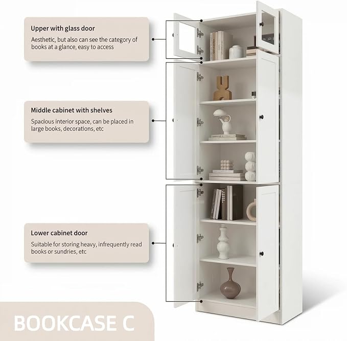 TUSY 85.5" Modern Tall Bookcase with Glass Doors, 7-Tier Wood Bookshelf with Storage for Home Office, Large Curio Cabinet for Living Room, Office, Bedroom, Family Room (White, C)