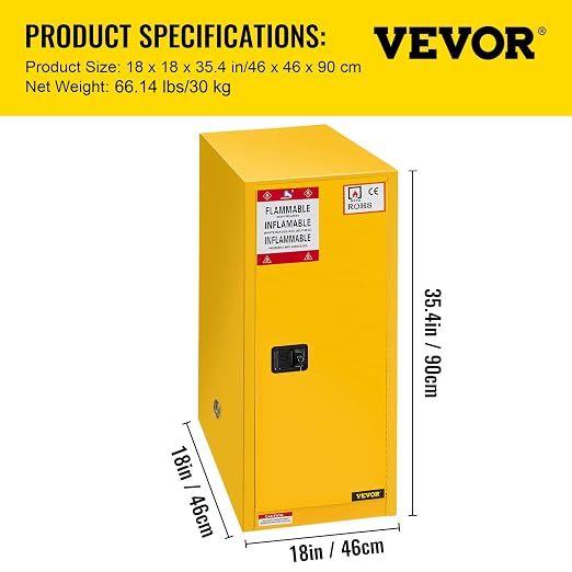VEVOR Flammable Cabinet, 18" x 18" x 35", Yellow | Galvanized Steel, Safety Cabinet, Adjustable Shelf, Commercial, Industrial, Home Use