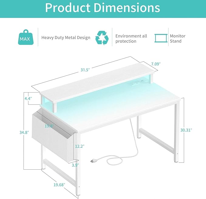 Lufeiya Small White Desk with LED Lights and Power Outlets, 32 Inch Home Office Computer Desks with Monitor Stand, Teen Writing Study Table Gaming Desk with Charging Station, White