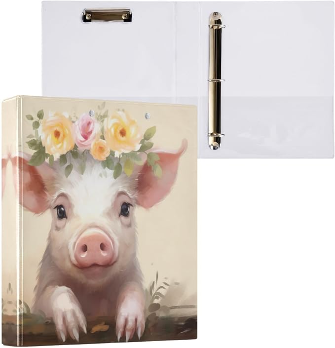 SPRIPORT Cartoon Pig Flower Crown 1.5 Inch 3 Ring Binder Holds 200 Sheets for Office Supplies Durable PVC Round Ring Binder with Interior Clear Pockets 3 Ring Notebook Binder for Woman Man Home Work