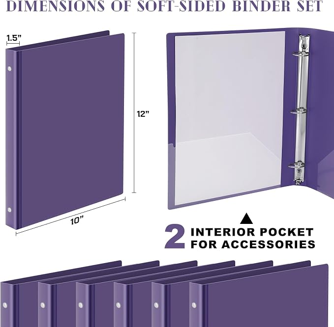 Fulmoon 12 Pcs Economy View 3 Ring Plastic Binder 12.2 x 9.8 Inch Plastic Round Ring Binders with Pockets Notebinder for Meetings for Home, Office, School(Purple, 1.5 Inch)