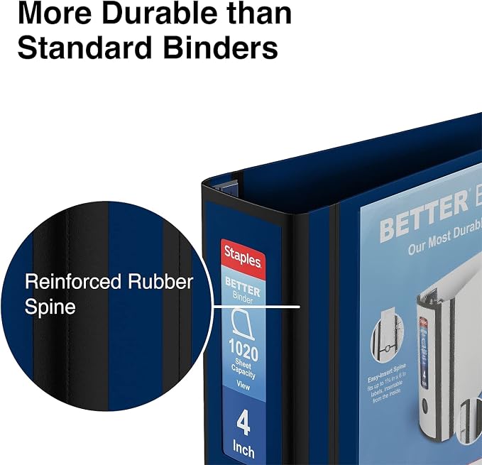 Staples Better 4-Inch D-Ring View Binder, Blue, 800 Sheets | Reinforced spine for high-capacity office and school document storage.