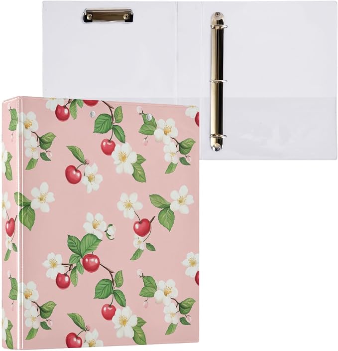 Flower Cherry Fruit Round Ring Binder for Recipe Budge Storage Organizer, Printed D Ring 1.5 Inch Binders for Office Work School Aesthetic Binder with Clear Pocket Non-Slip Clip