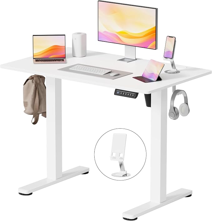 YESHOMY Height Adjustable Electric Standing Desk, 39 x 24 Inches Memory Home Office Sit Stand up Desk with Phone Holder and USB Charging Port, White