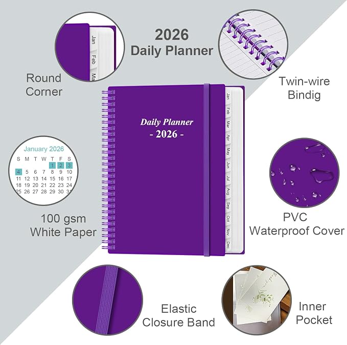 Daily Planner 2026 Full Page Per Day- 2026 Daily & Monthly Planner from January 2026 to December 2026, Day Planner 2026 with 12 Months Tabs, 8.5" x 11", Purple