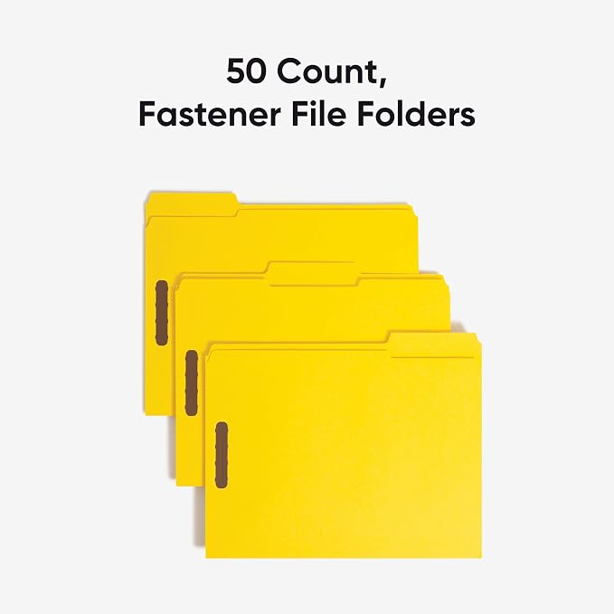 Smead Fastener File Folders, 50 Count, Yellow, Reinforced 1/3-Cut Tabs, 2 Fasteners, Letter Size (12940) (Pack of 5)