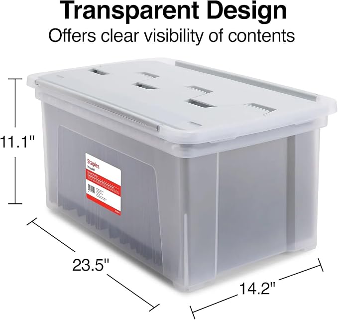STAPLES Wing Lid File Totes, Letter Size, Clear, 2/Pack | Stackable storage totes for transporting and organizing hanging files.