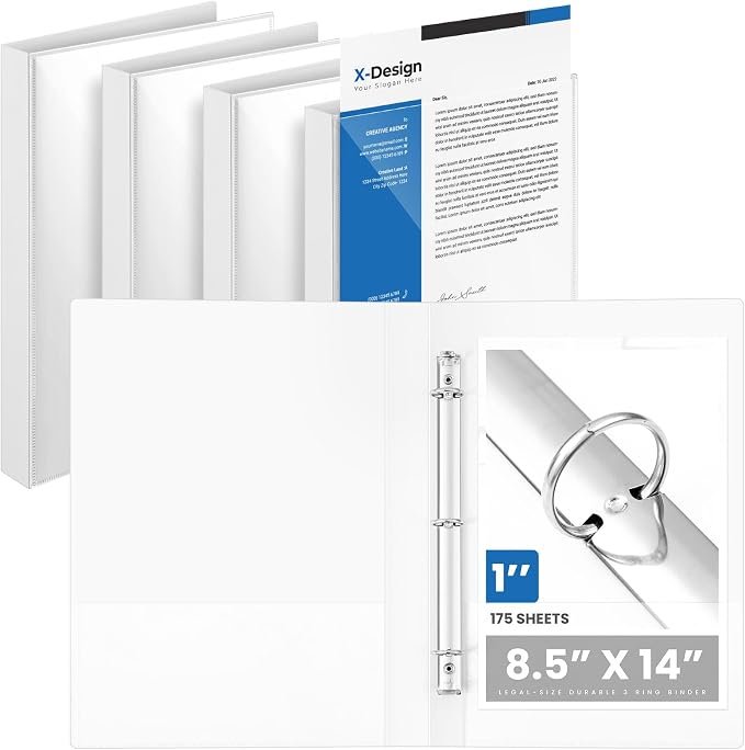 Henoyso 4 Pcs 1" Legal Size PP Plastic Binders with View Cover, Durable 3 Ring White Binders for 8.5" x 14" Paper, Hold up to 175 Sheets for Documents, Office, Home, Work Places