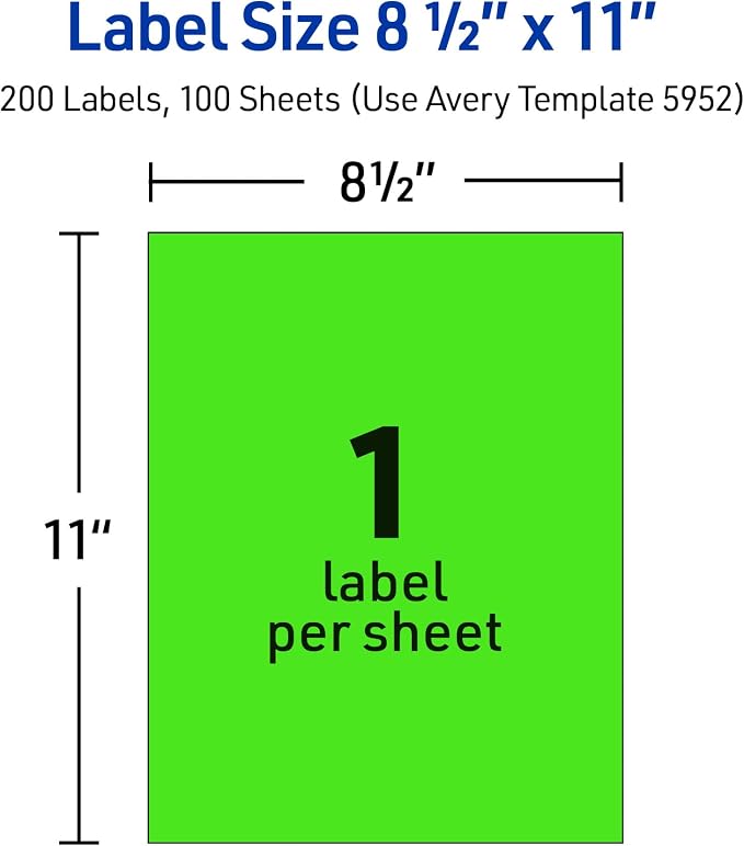 Avery® Printable Shipping Labels, 8-1/2" x 11", Neon Green, Laser & Inkjet Compatible, 100 Blank Labels Total, Great for Branding, Mailing, Organizing, and More (5940)