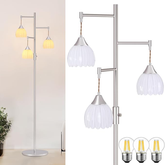 Shenmoyl Stepless Dimming Floor Lamps for Living Room, Bedroom, Nickel Standing Lamp with 3pcs 6W Bulbs, Vintage Floor Lamp for Corner, Nursery (White Tulip)