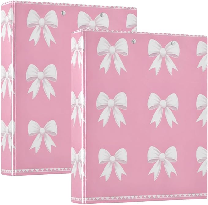 3 Ring Binder White Bows Pink 1.5 inch Binders Three Ring Binders with Clipboard 3 Interior PVC Clear Pockets for Office Supplies